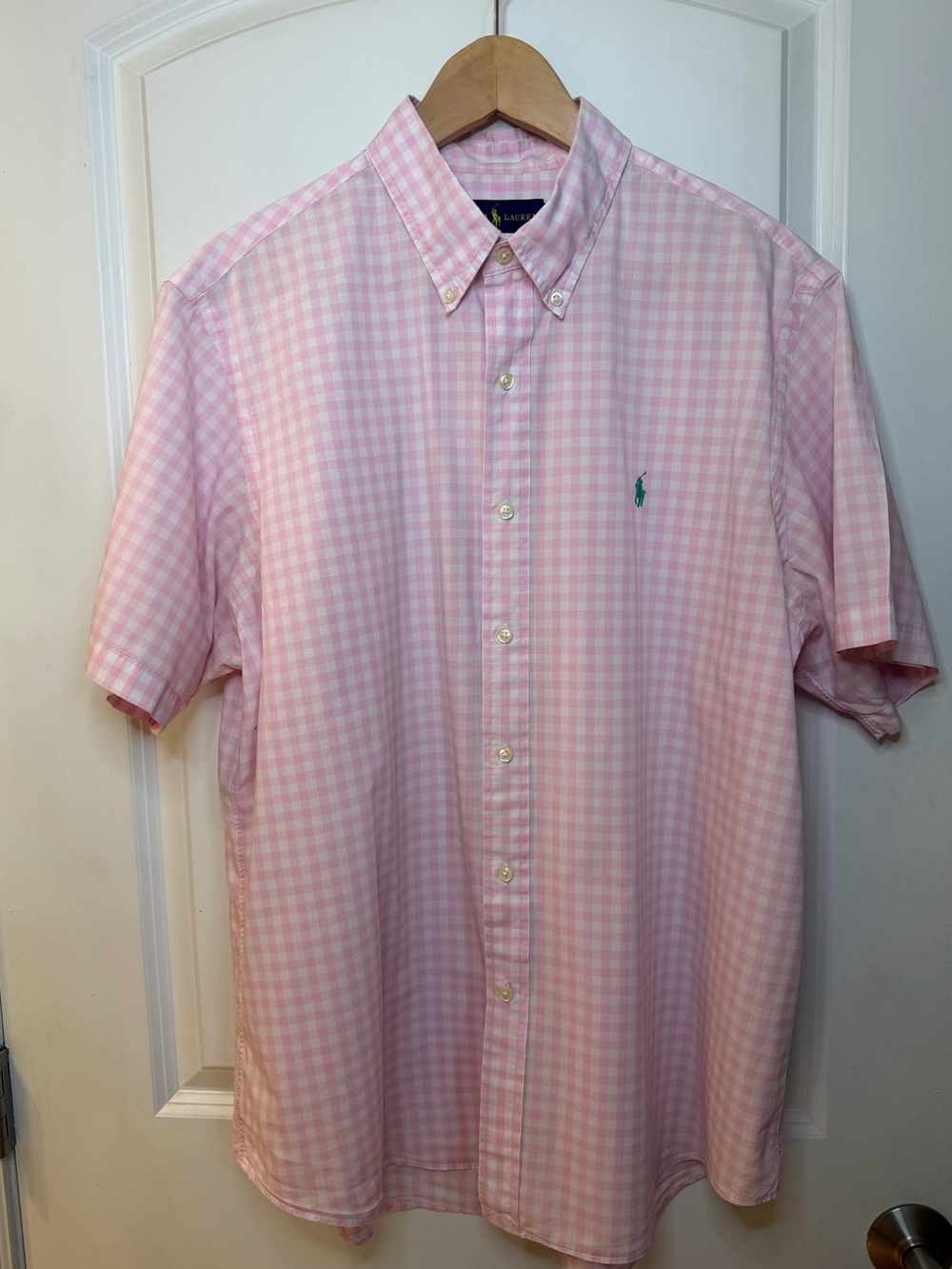 Ralph Lauren Pink Gingham Short-Sleeve Button-Down Shirt, size XL